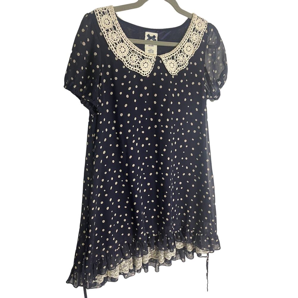 La Chapelle Women's Polka Dot Asymmetrical Lace Dress Short Sleeve Navy Size 40